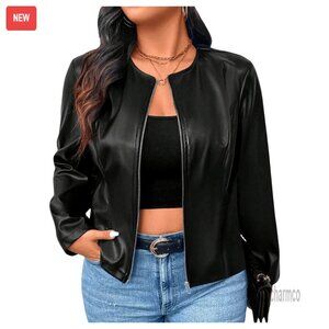 Plus Size PU Leather Bomber Jacket Zip Up Long Sleeve Casual Outerwear